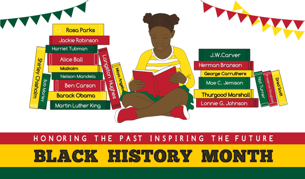Black History Month Illustration With a Reading Girl Among Stack of Books About Significant African-American People